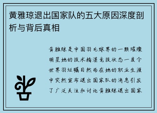 黄雅琼退出国家队的五大原因深度剖析与背后真相