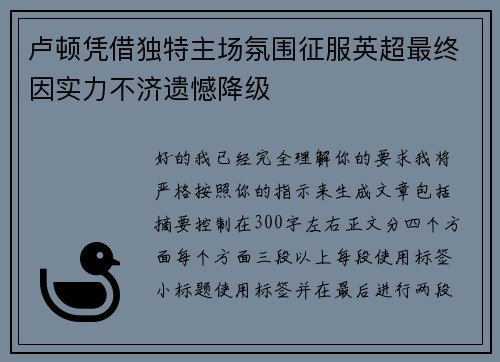 卢顿凭借独特主场氛围征服英超最终因实力不济遗憾降级 卢顿凭借独特主场氛围征服英超最终因实力不济遗憾降级